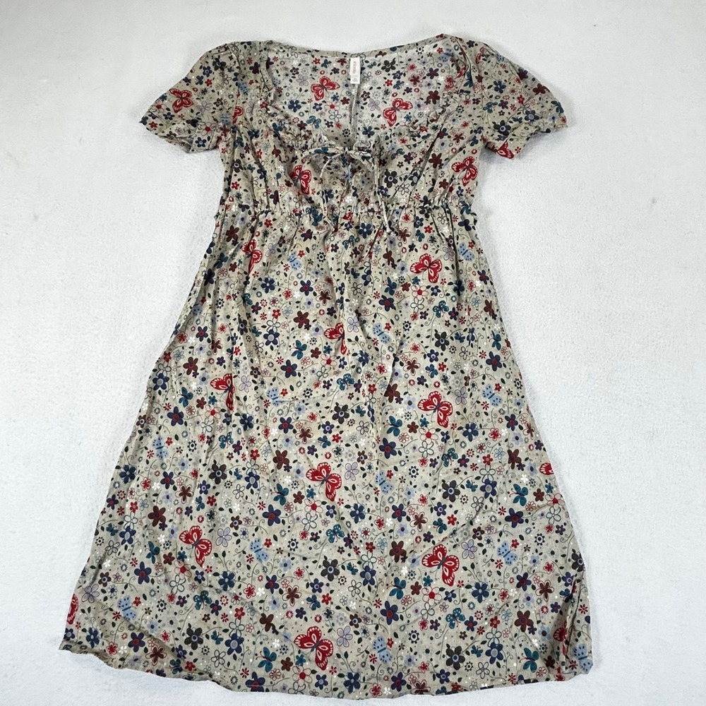 Xhilaration Women's Beige Floral Butterfly ShortSleeve Tie Front Casual Dress XS